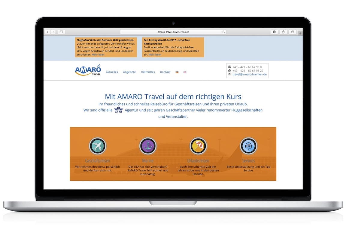 AMARO Travel Homepage auf dem MacBbook